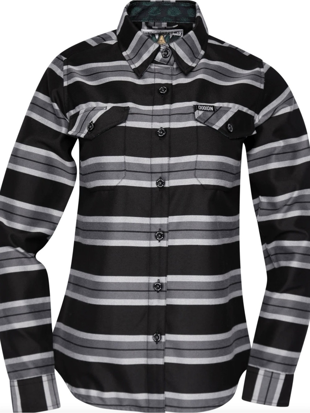 DIXXON Women’s Black and Gray Striped Button-Down Jalisco Flannel Shirt